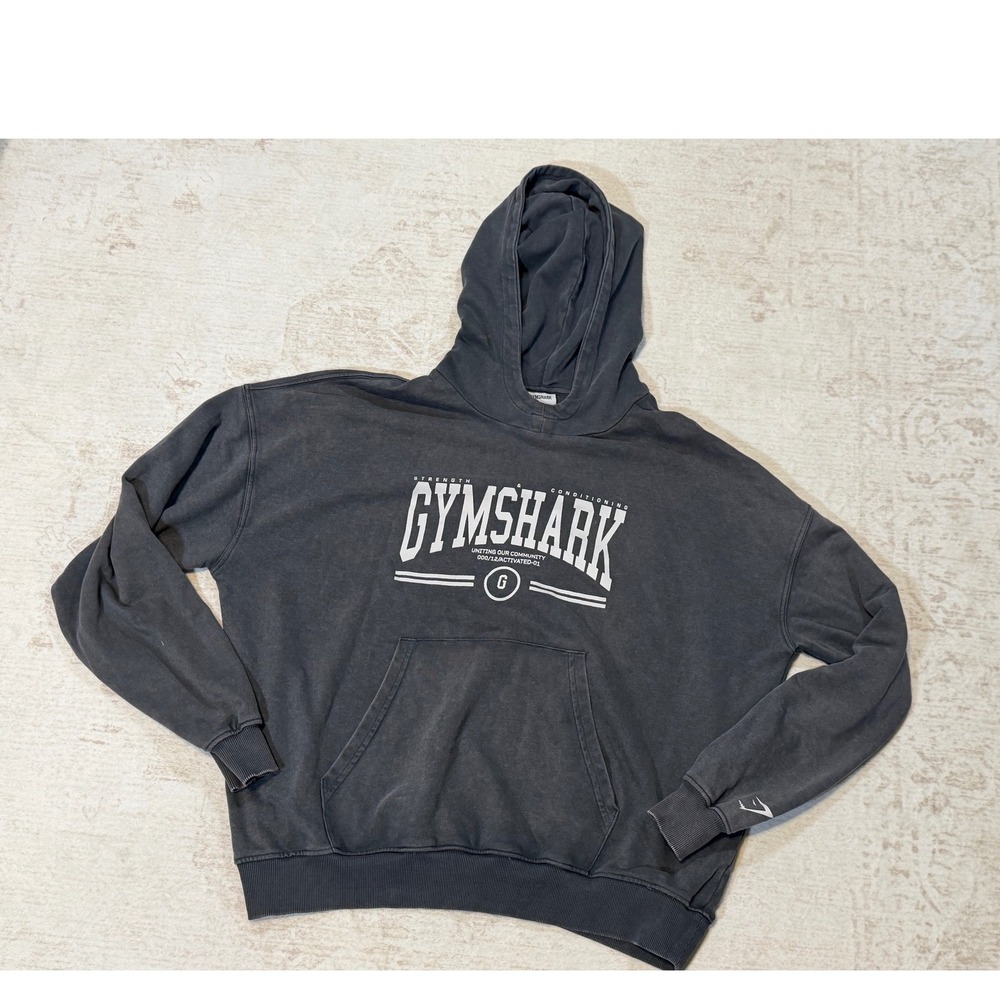 Gymshark Women Charcoal Grey Graphic Hoodie Oversized Sweatshirt Size S B5A4L - Picture 1 of 6